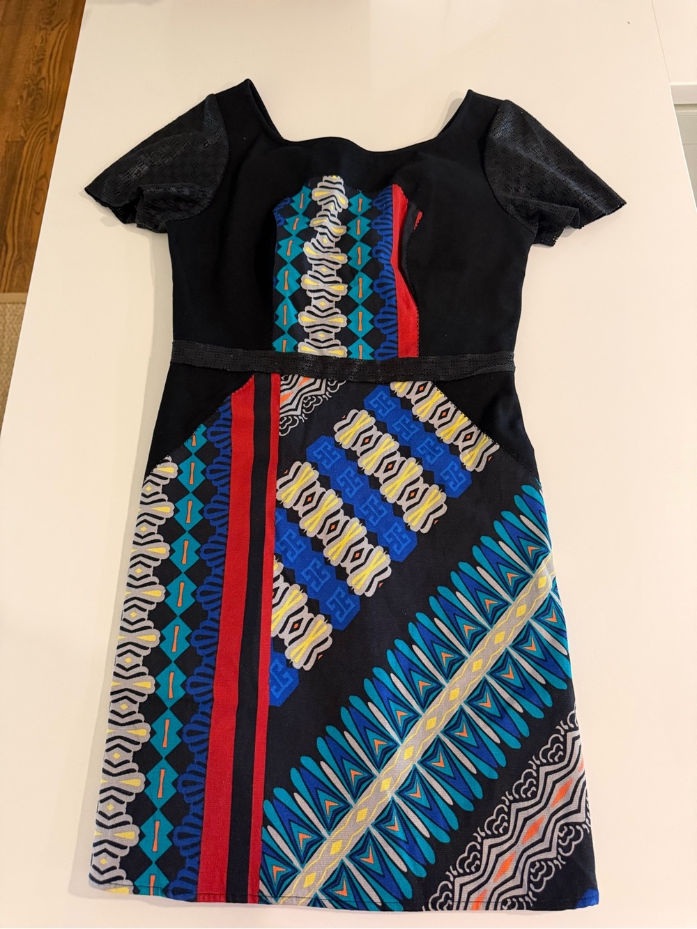 Tracy Reese Black Mini Dress with Blue and Red Geometric Panels